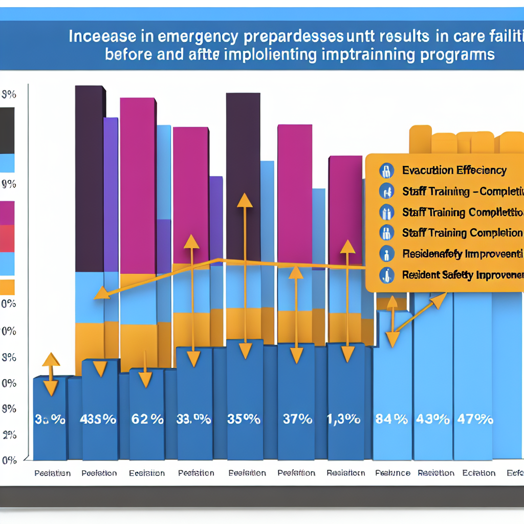 A graph illustrating the increase in emergency preparedness results in care facilities before and after implementing training programs. The graph features metrics like evacuation efficiency, staff training completion, and resident safety improvements, clearly showing the percentage increases.
