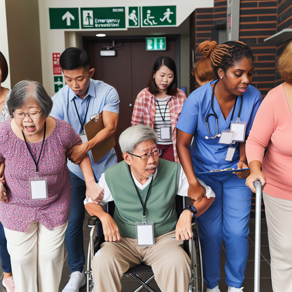 Senior citizens participating in an emergency drill, showing caregivers assisting them in practicing evacuation procedures.