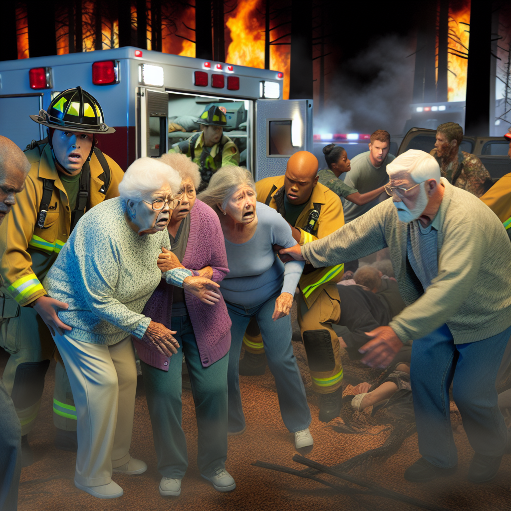 Elderly individuals being evacuated during a chaotic wildfire situation, depicting urgency and distress.