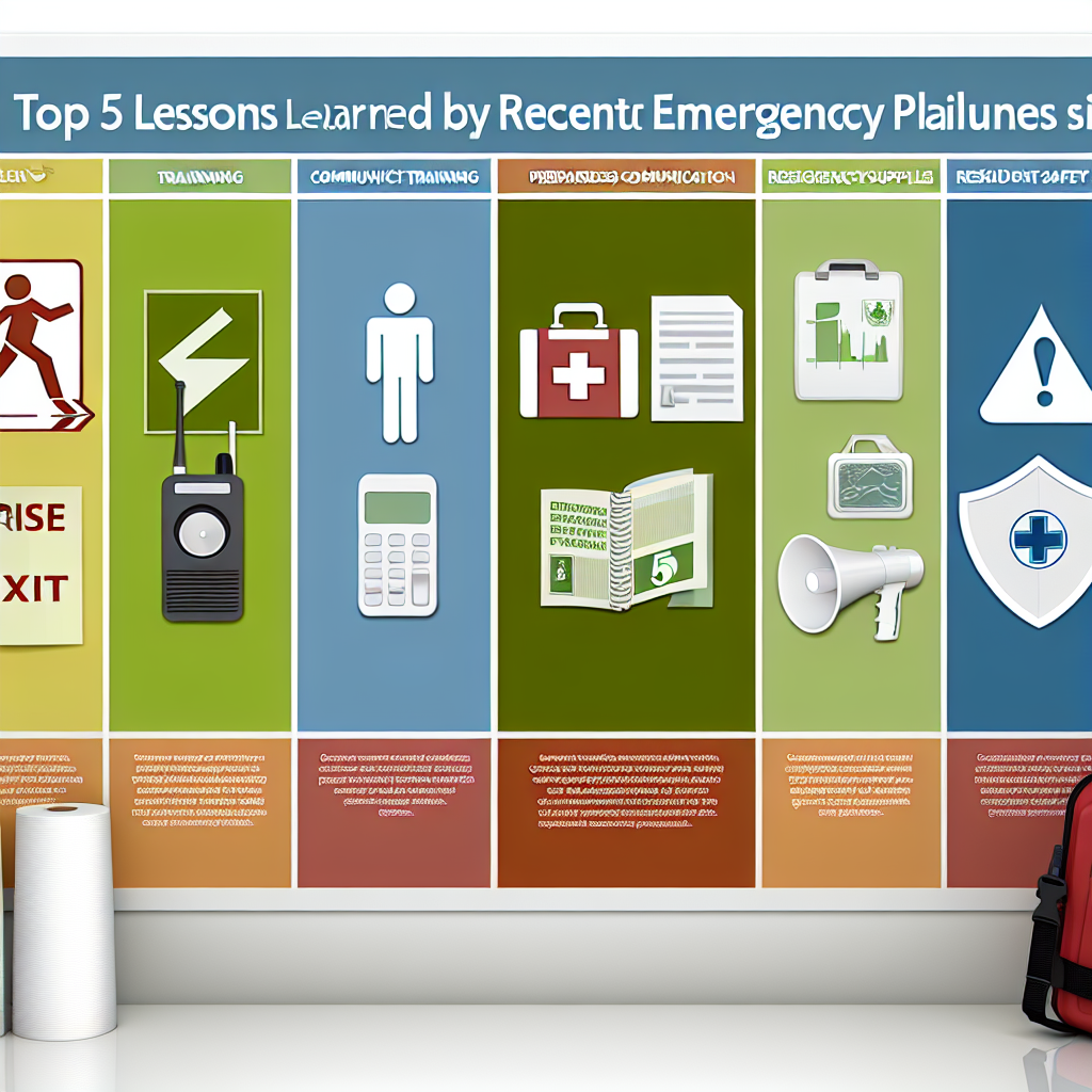 Summary of top 5 lessons learned from emergency planning failures in California, with icons representing evacuation procedures, staff training, emergency communication, preparedness supplies, and resident safety.