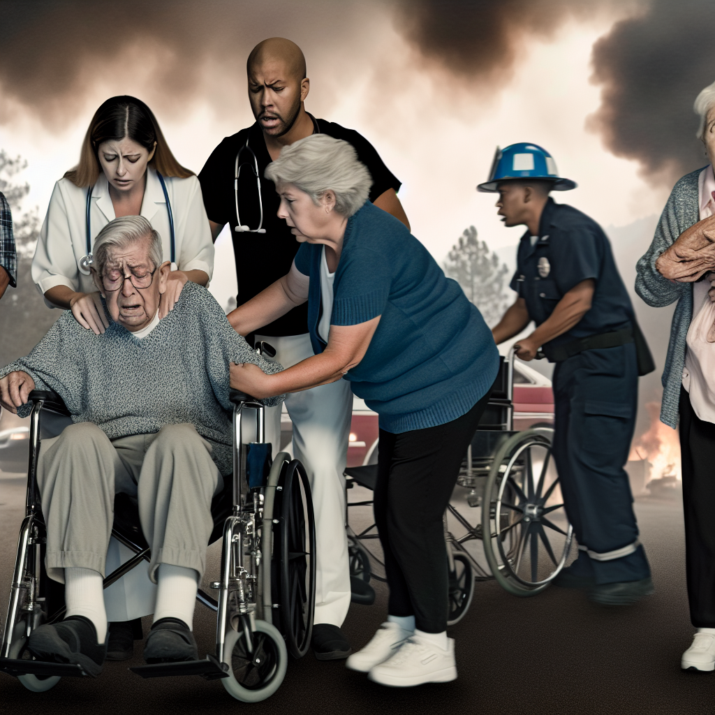 An emotional depiction of chaotic wildfire evacuation, showcasing elderly residents being assisted by caregivers amidst smoke and urgency.