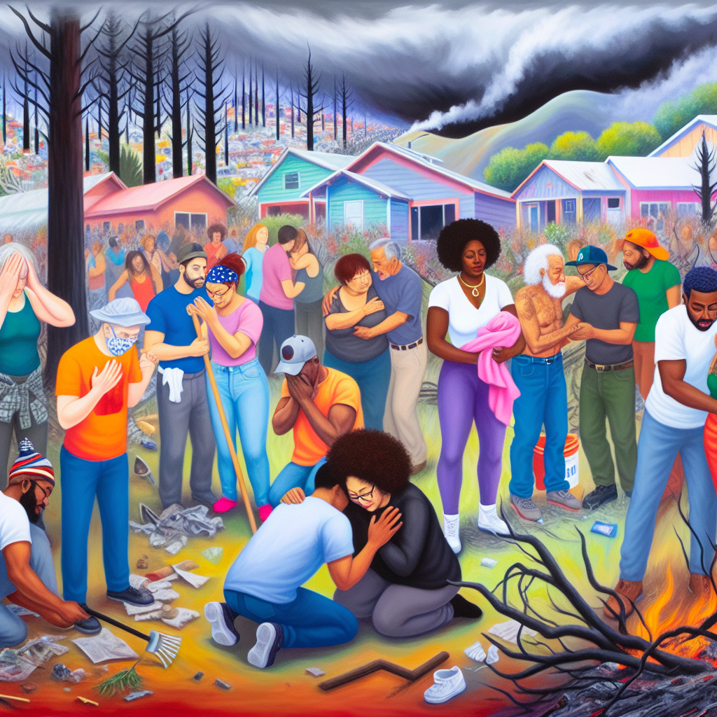 A visual representation of the emotional aftermath of the Eaton fire, showcasing a community coming together, depicting resilience in the face of tragedy.