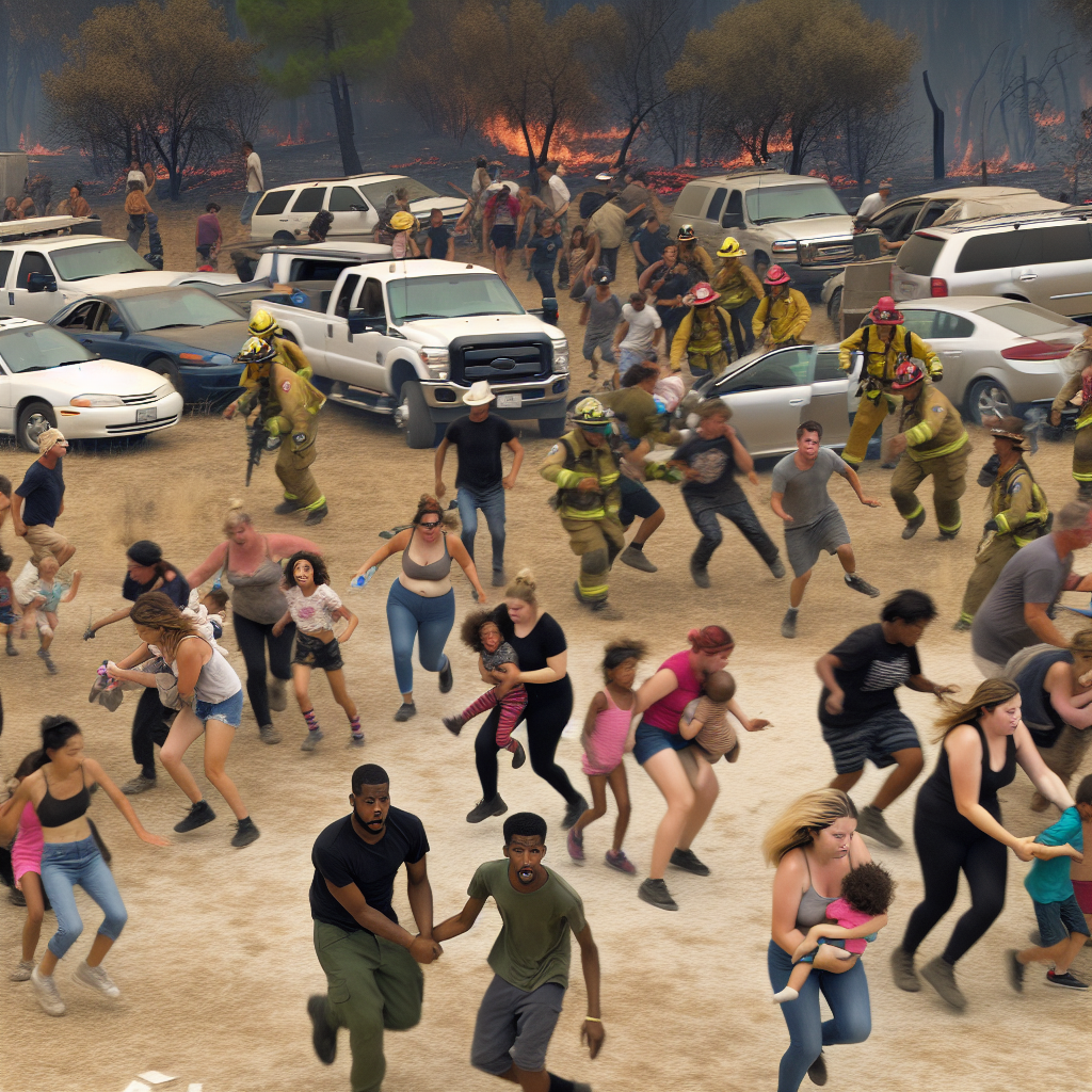 Chaotic evacuation scene during a wildfire, showcasing urgency and confusion among staff and residents.