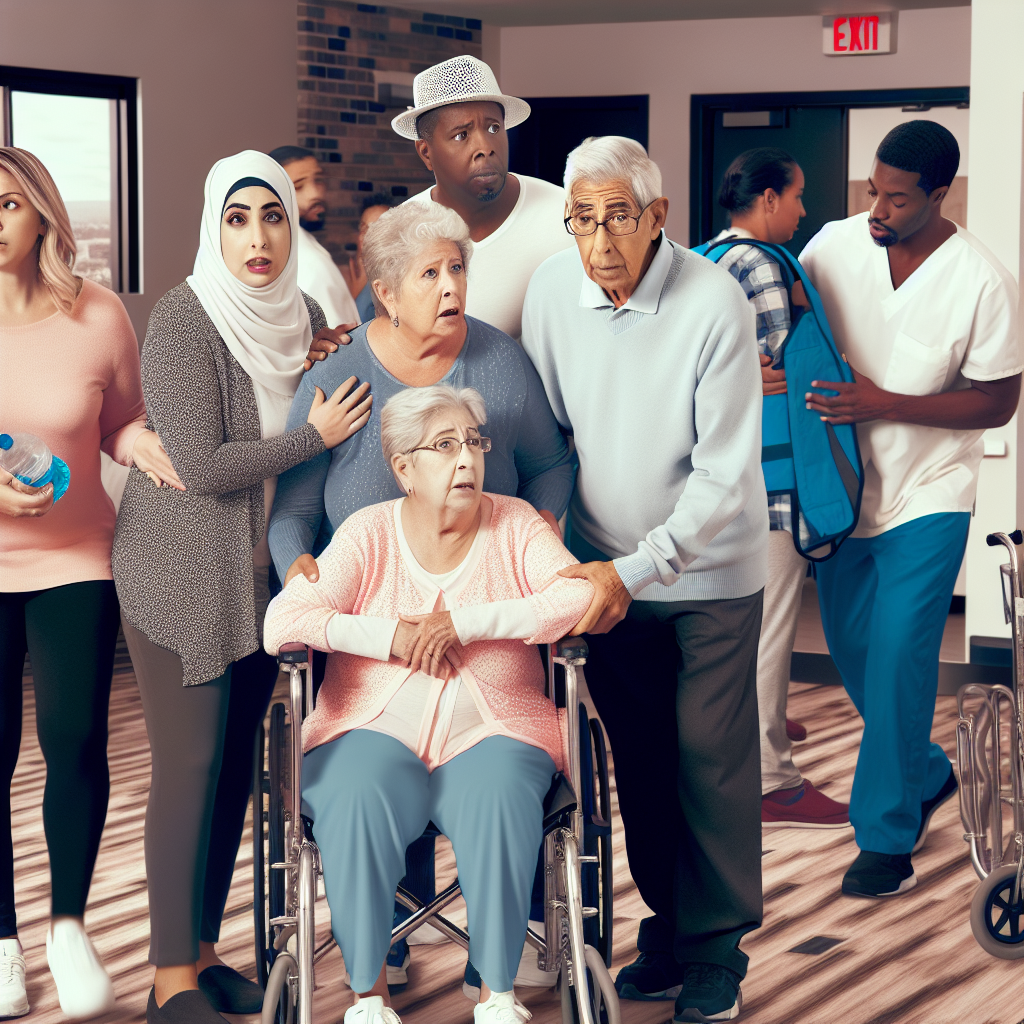 emotional image of elderly individuals in a care facility during a fire drill