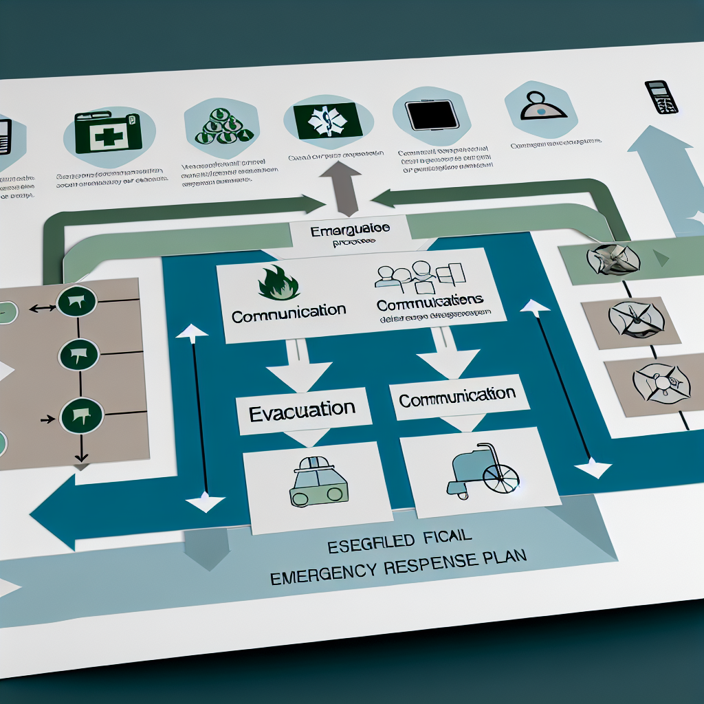 A visual representation of a structured emergency response plan for senior care facilities, illustrating key steps for evacuation, communication procedures, and staff roles. The graphic uses calming colors and a flowchart style, promoting order and preparedness.