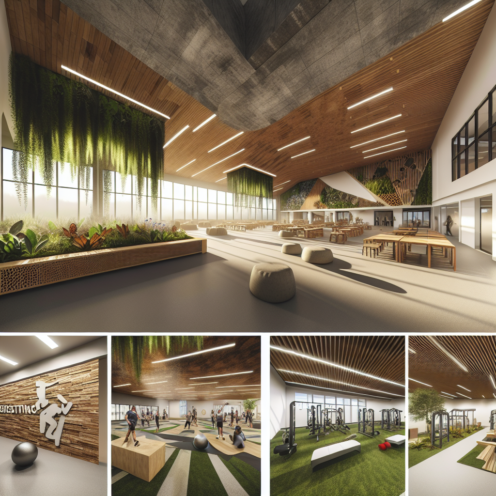 Interior view of a healthy fire station showcasing natural light, open spaces, and wellness areas.