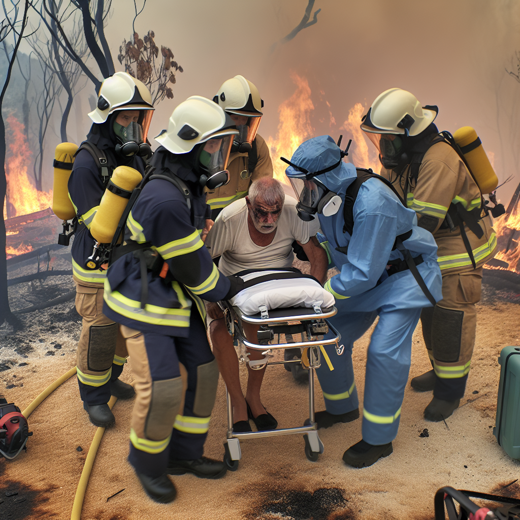 First responders conducting a rescue operation during a wildfire crisis