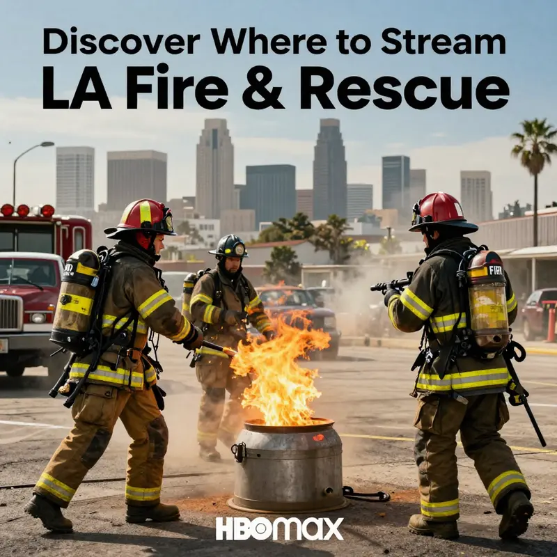 A cover image depicting LA firefighters in action with the Los Angeles skyline, promoting LA Fire & Rescue on HBO Max.