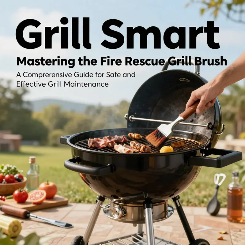 A vibrant outdoor barbecue scene displaying a Fire Rescue Grill Brush with grilling tools and fresh ingredients, setting a joyful atmosphere for grilling.