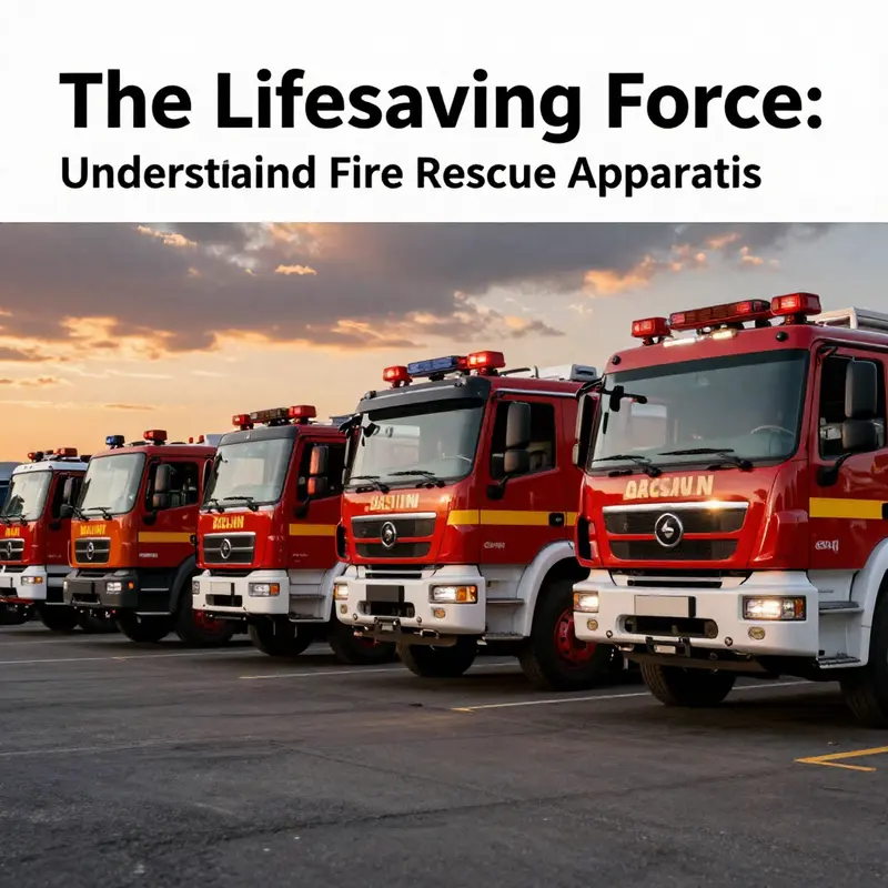 Image of multiple fire rescue apparatus showcasing innovative designs and features set against a beautiful sunset.