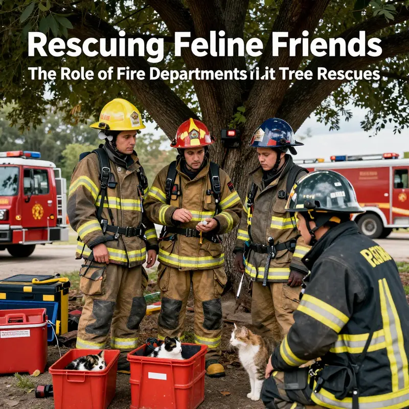 Firefighters rescuing a kitten from a tree, showcasing their commitment to animal welfare.