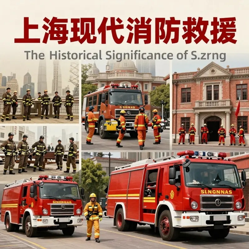 Montage illustrating the evolution of firefighting in Shanghai from historical to present-day scenes.