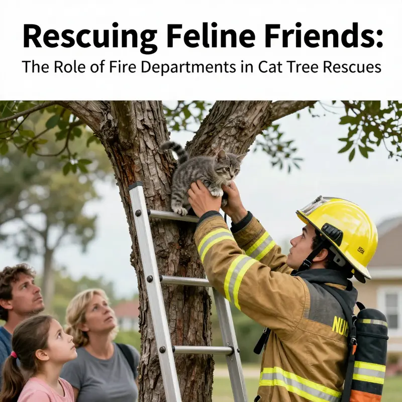 Firefighters rescuing a kitten from a tree, showcasing their commitment to animal welfare.