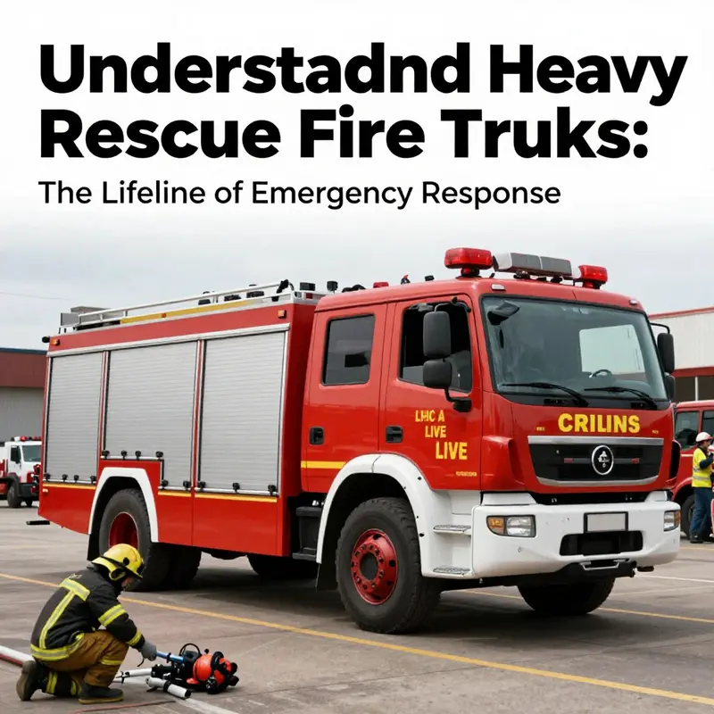 A heavy rescue fire truck responding to an emergency situation, with firefighters engaged in rescue operations.