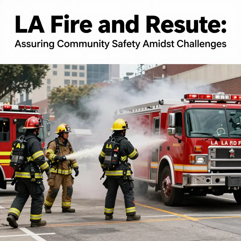 LA firefighters bravely tackling a fire emergency, with an urban skyline in the background, signifying their role in public safety.