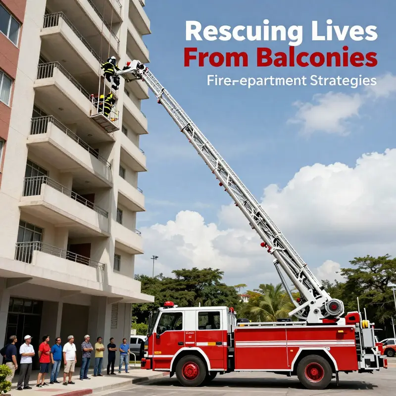 A firefighter prepares to rescue a stranded individual from the balcony using an aerial ladder truck.