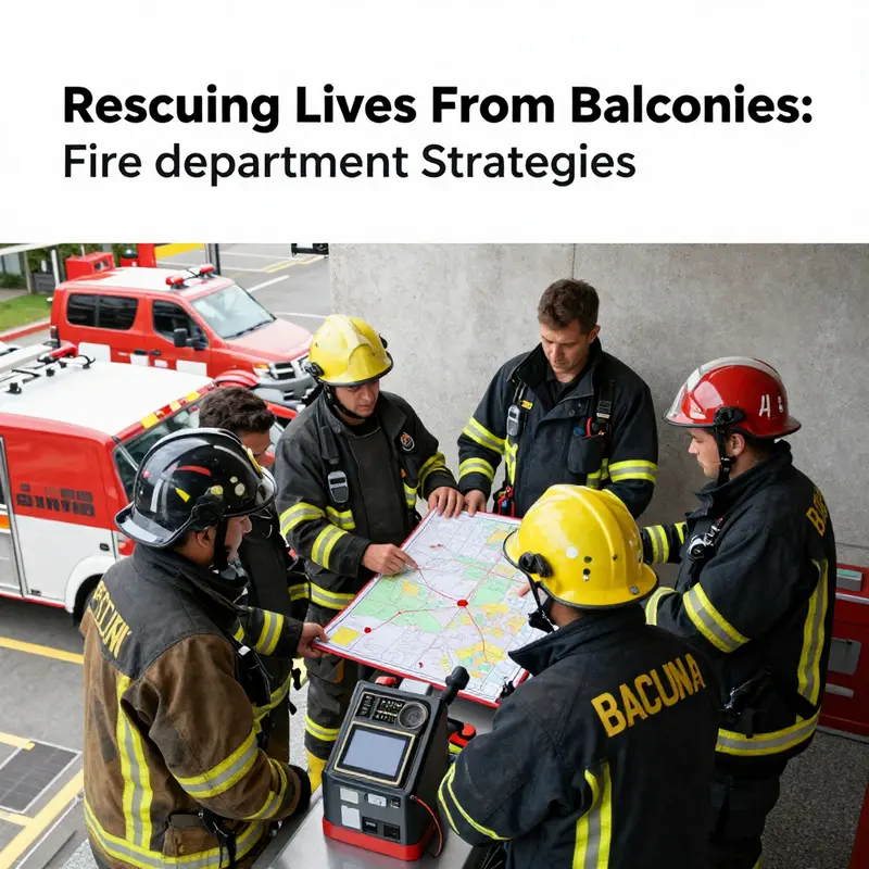 A firefighter prepares to rescue a stranded individual from the balcony using an aerial ladder truck.