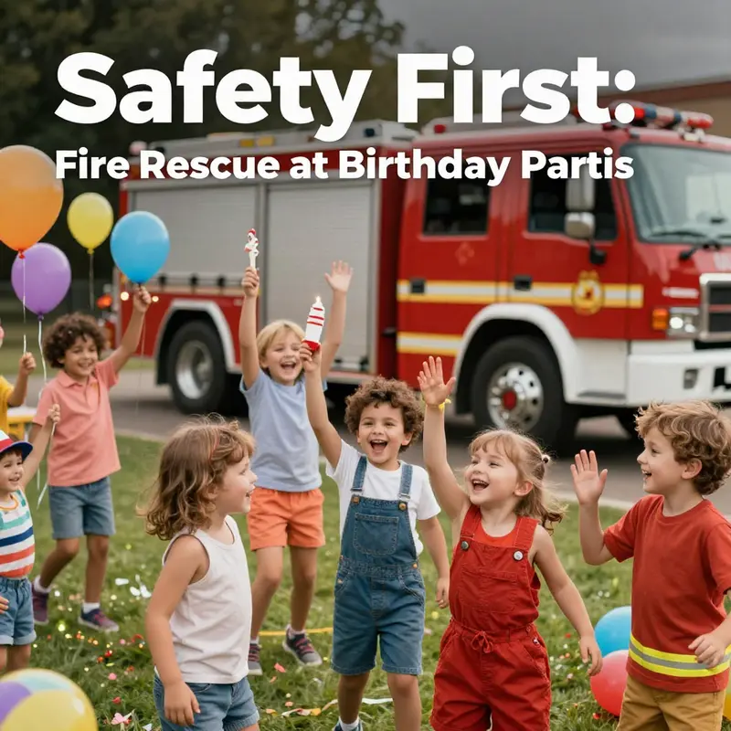 Children enjoying a birthday party with a fire truck in the background, representing the importance of mixing celebration with safety.