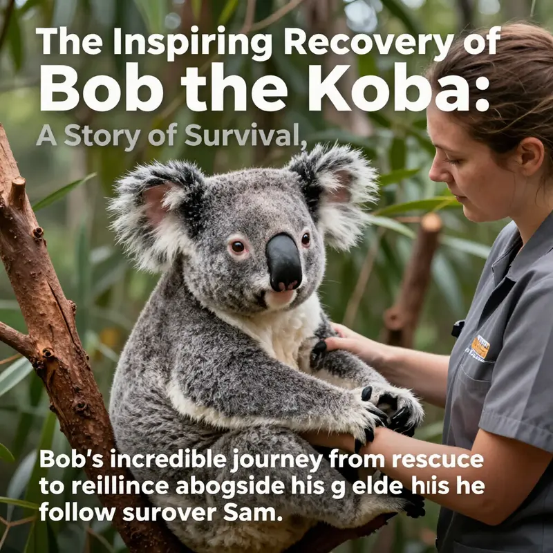 Bob the koala being nurtured by a rehabilitator in a verdant setting, symbolizing his recovery process.