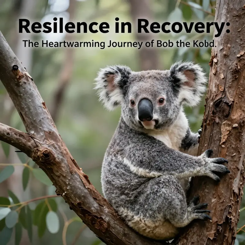Bob the koala resting on a eucalyptus tree, embodying recovery and the ongoing fight for koala preservation.