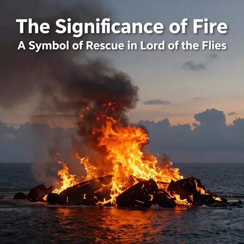 A fiery sunset over a burning island, illustrating the complex nature of fire as both a beacon of hope and a source of destruction.