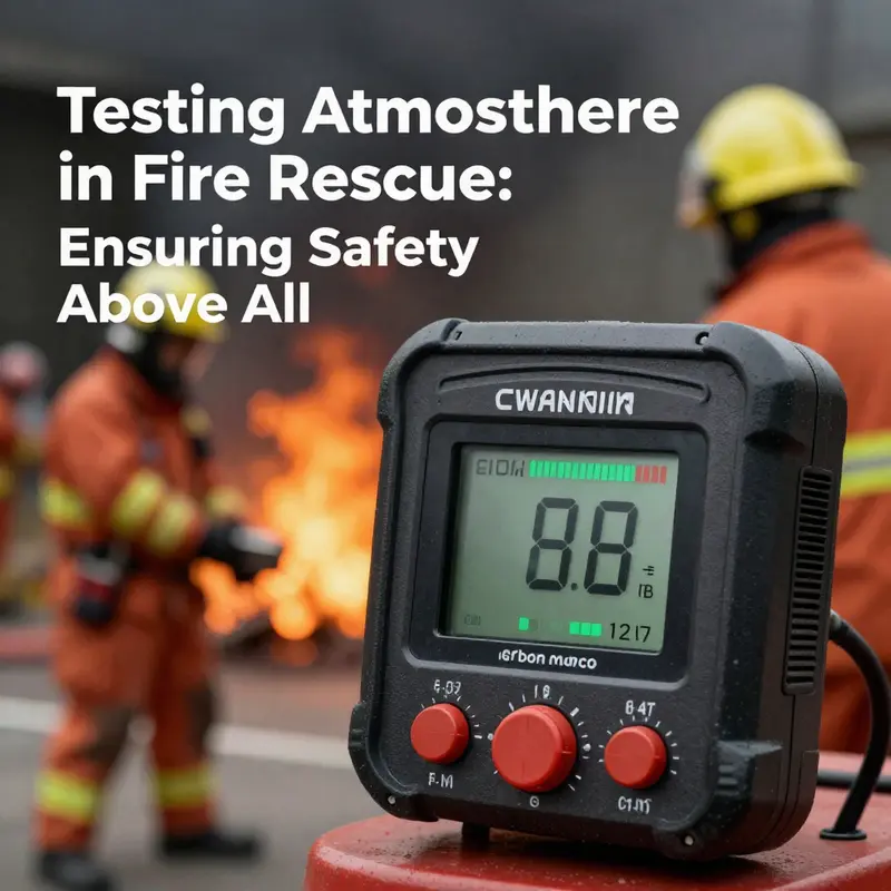 A firefighter conducting an oxygen analysis in a smoke-filled environment using a multi-gas detector.
