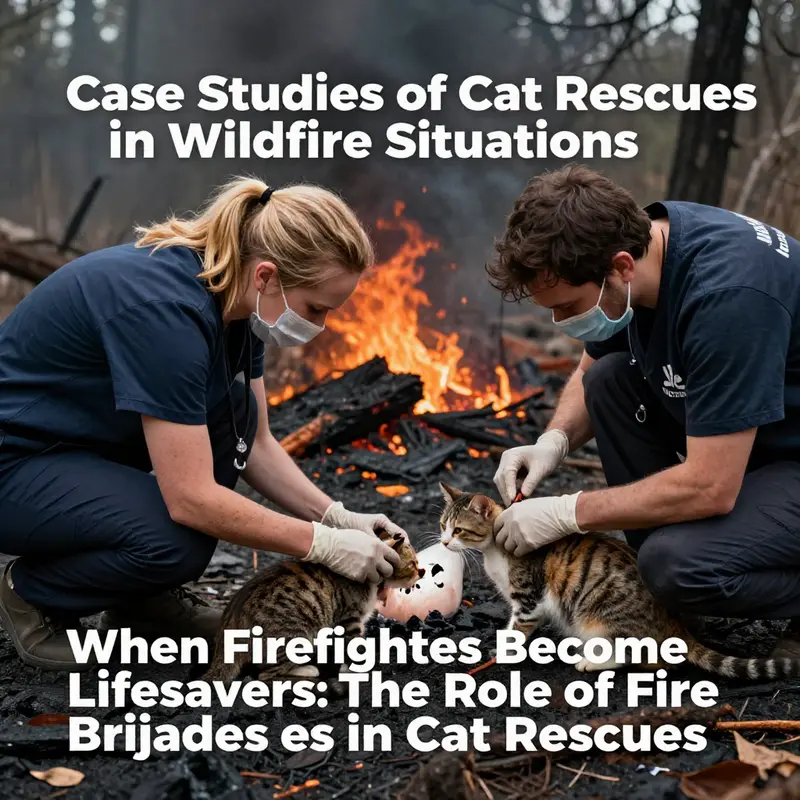 A firefighter rescuing a cat from the aftermath of a wildfire, highlighting the role of fire brigades in animal welfare.