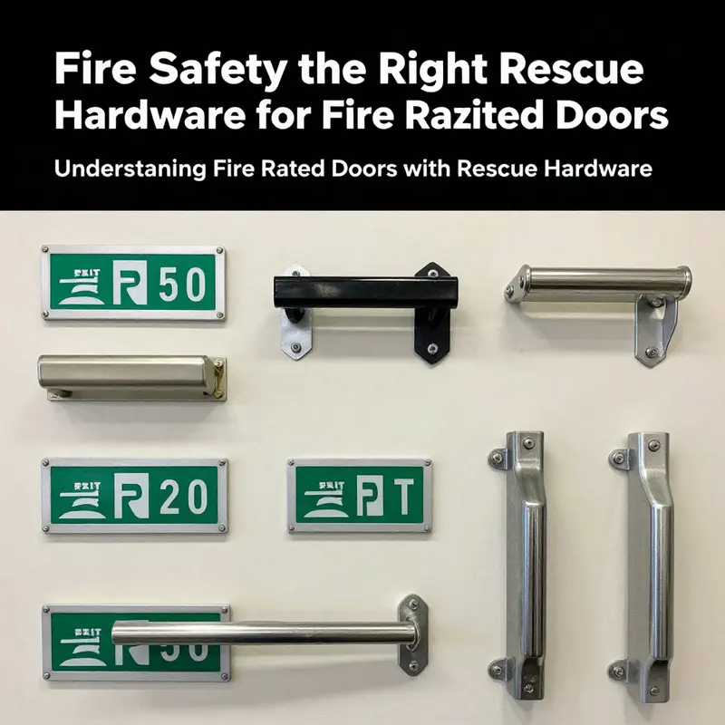 An example of a compliant fire rated door equipped with rescue hardware, showing essential labeling and standards.