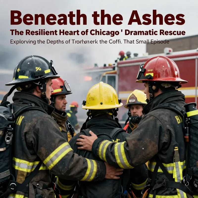 A group of firefighters showing solidarity, with a rescue operation taking place in the background.