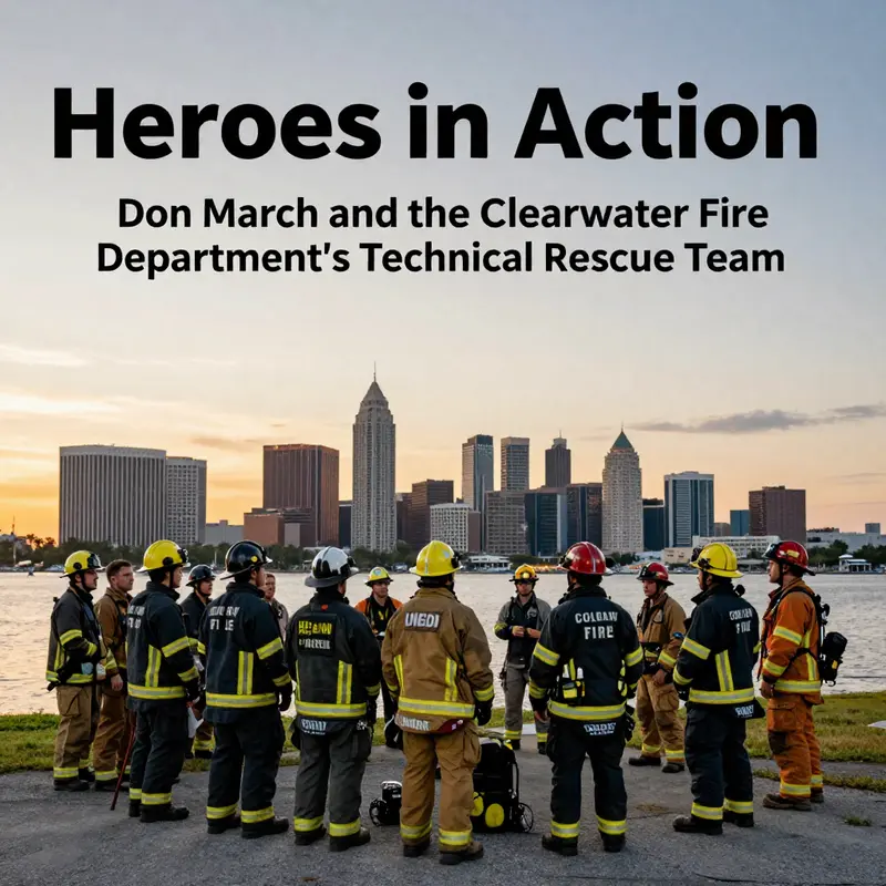 A picturesque sunset over Clearwater, with a group of emergency responders in the foreground, highlighting their service.