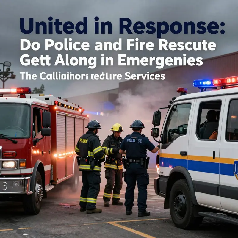 Police and fire rescue personnel collaborating effectively at an emergency site, demonstrating real-time teamwork.