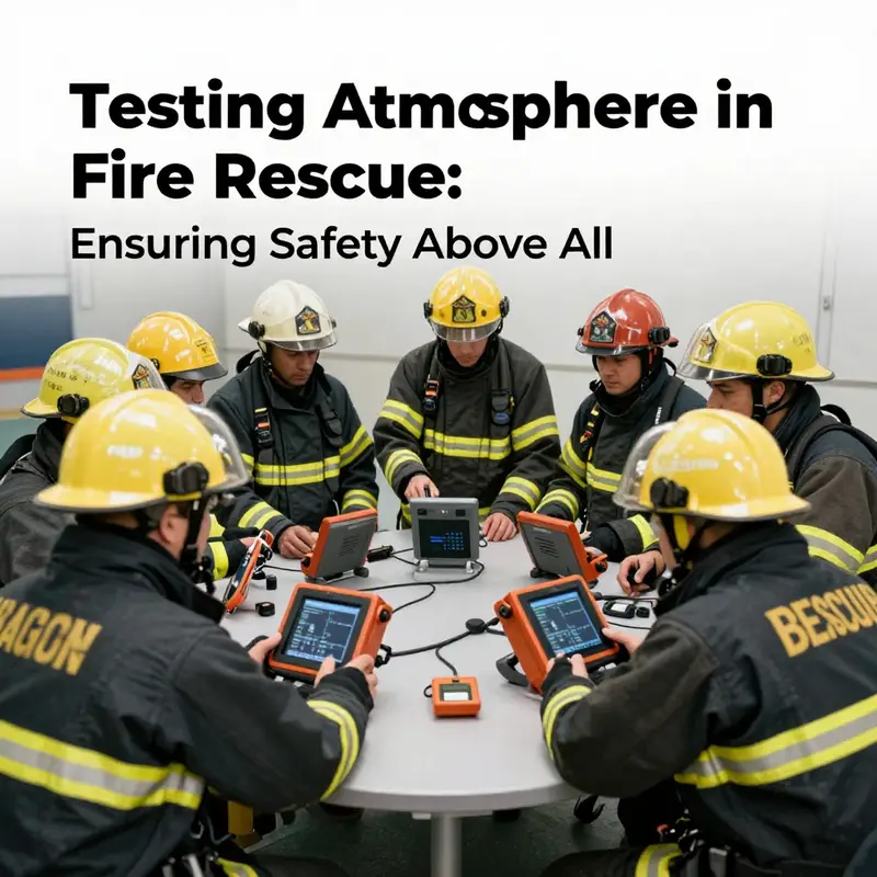 A firefighter conducting an oxygen analysis in a smoke-filled environment using a multi-gas detector.