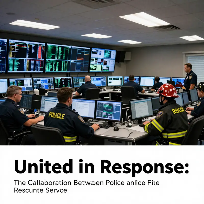 Police and fire rescue personnel collaborating effectively at an emergency site, demonstrating real-time teamwork.