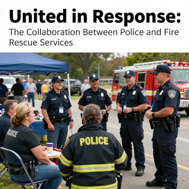 An image depicting police and fire rescue personnel interacting with residents at a community emergency preparedness event.
