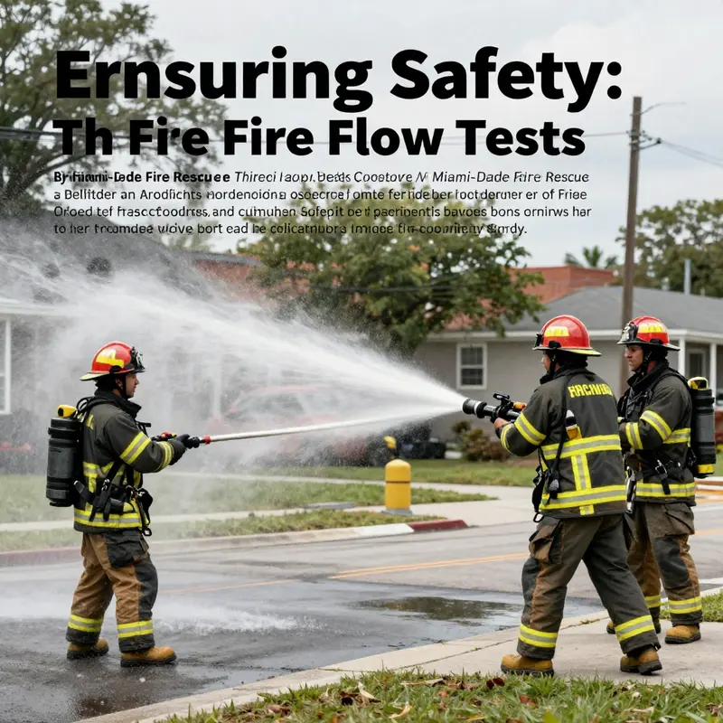 Fire rescue team engaged in a fire flow test in a vibrant Miami-Dade neighborhood.