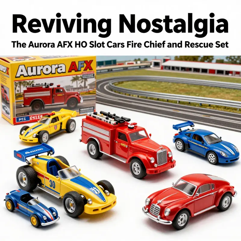 Vibrant display of Aurora AFX HO Slot Cars, focusing on the Fire Chief model in a nostalgic racing setting.