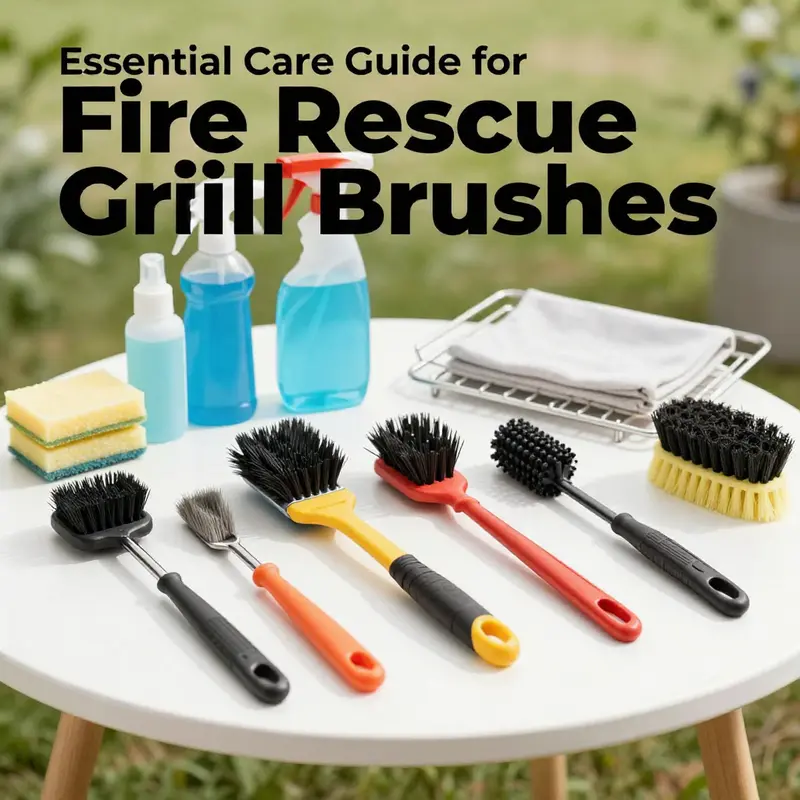 A selection of fire rescue grill brushes with cleaning supplies on an outdoor table, symbolizing proper maintenance practices.