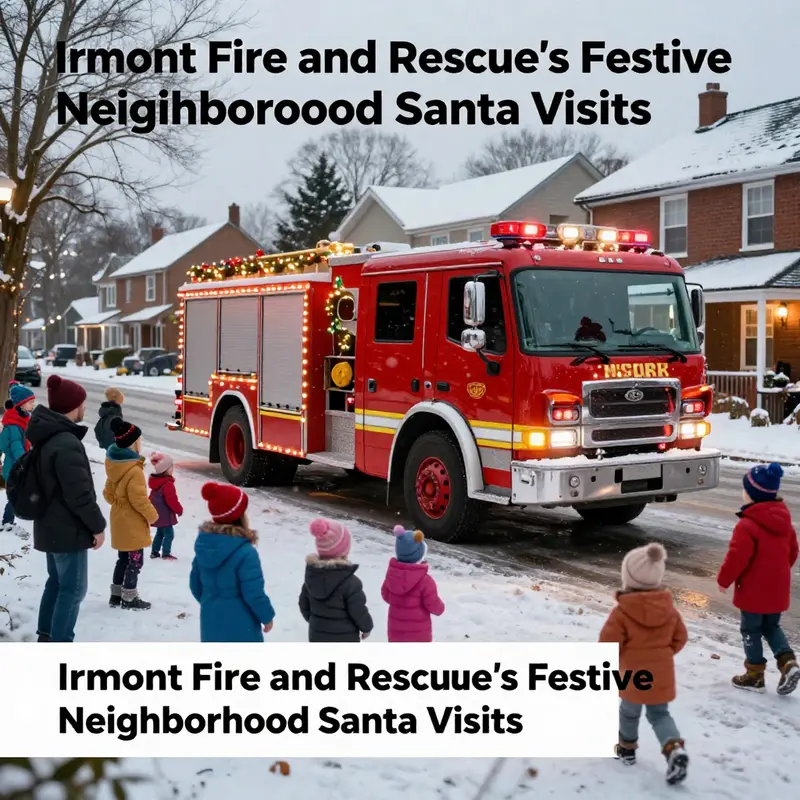 Families gathering around a decorated firetruck during Irmont Fire and Rescue's Santa neighborhood visits.