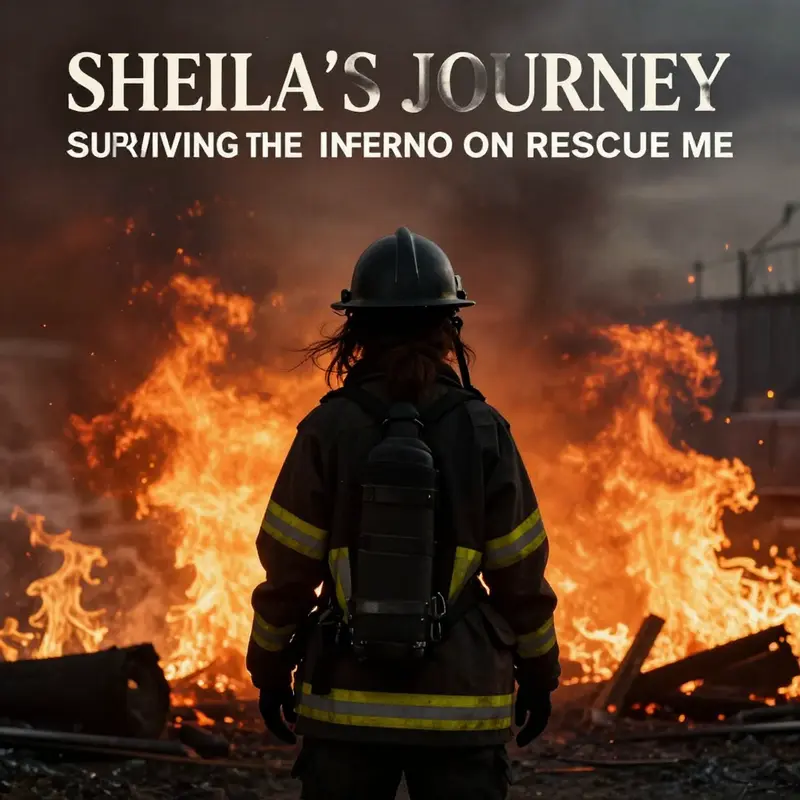 Sheila silhouetted against flames, embodying perseverance and the challenges faced by survivors of fires.