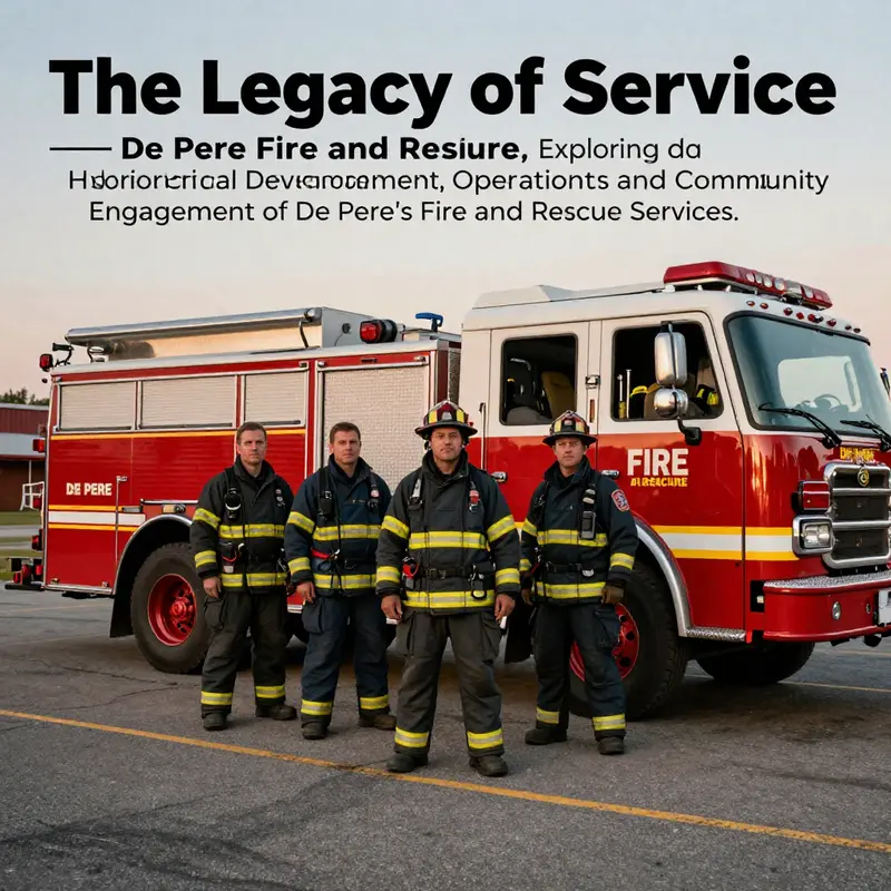 A group portrait of De Pere Fire and Rescue firefighters with their firefighting equipment, showcasing their unity and professionalism.