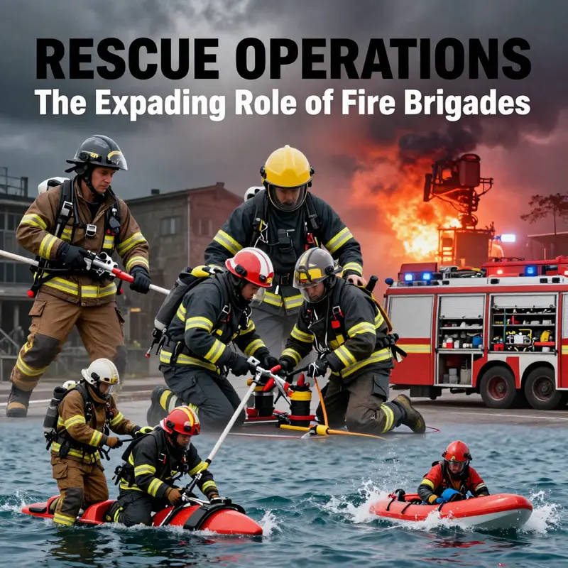 A collage of fire brigade rescue operations illustrating their diverse skills in emergencies, highlighting their importance in community safety.