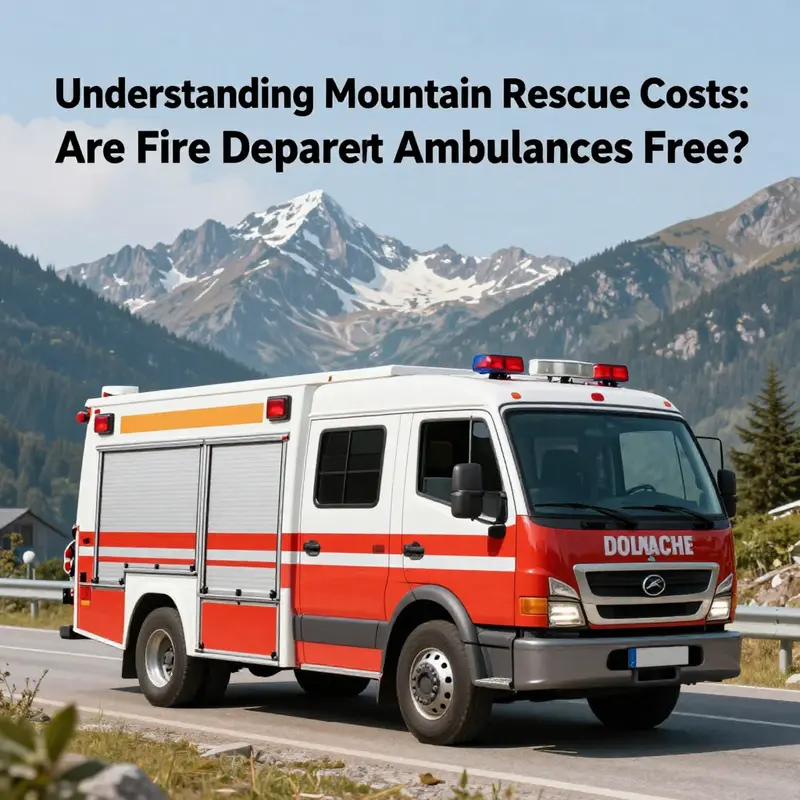 Fire department ambulance poised to assist in mountainous terrains, reflecting the no-cost mountain rescue service model.
