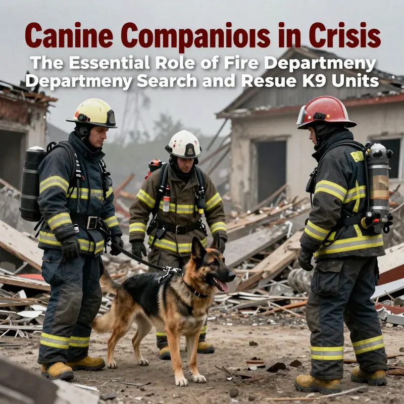 Firefighters and their K9 partners work collaboratively in a disaster zone to conduct search and rescue operations.