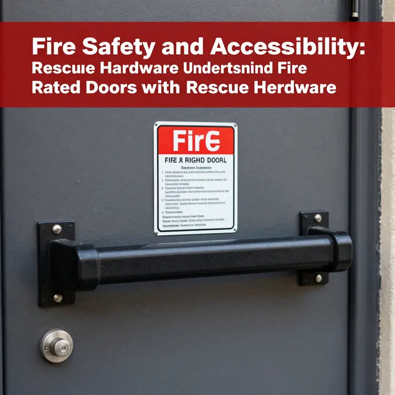 An example of a compliant fire rated door equipped with rescue hardware, showing essential labeling and standards.