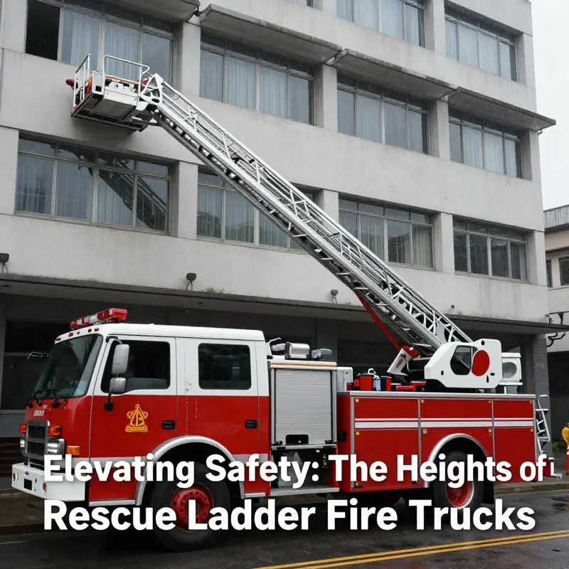 Aerial view of a fire truck extending its ladder to the maximum height in an urban setting.
