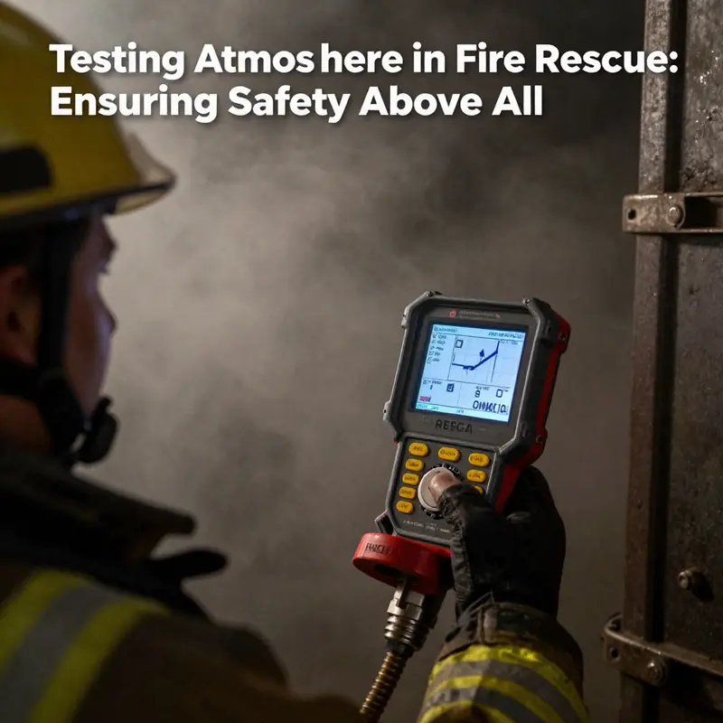 A firefighter conducting an oxygen analysis in a smoke-filled environment using a multi-gas detector.