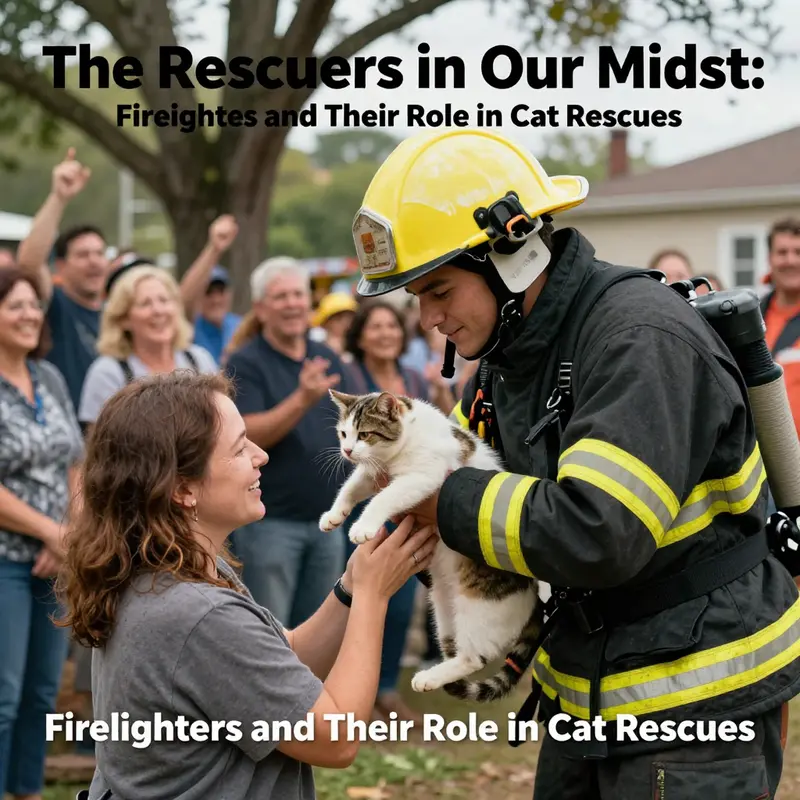 A firefighter lowering a rescued cat to its owner, with a supportive community cheering in the background.