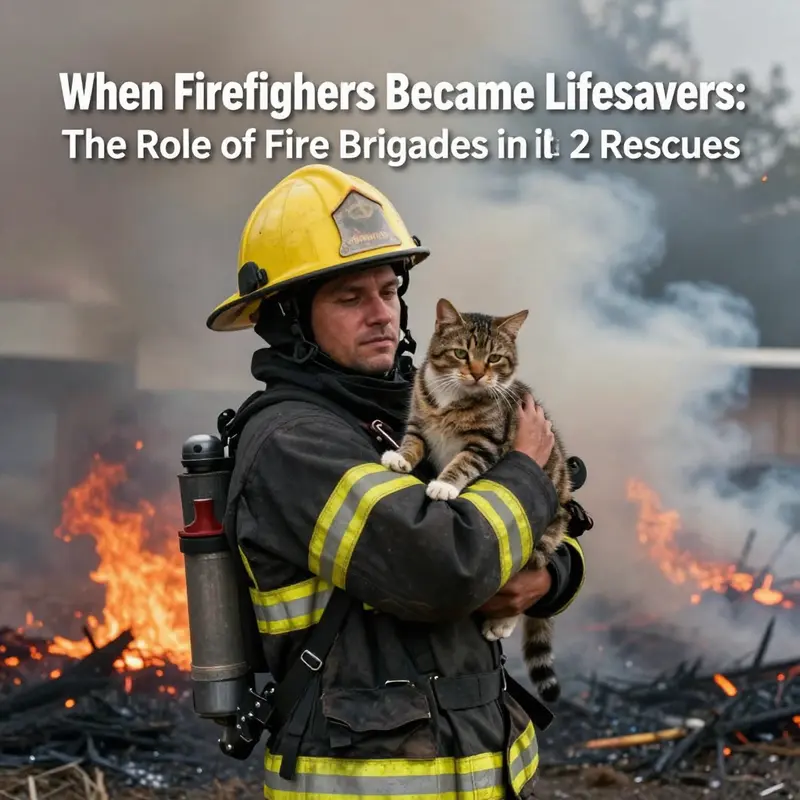 A firefighter rescuing a cat from the aftermath of a wildfire, highlighting the role of fire brigades in animal welfare.