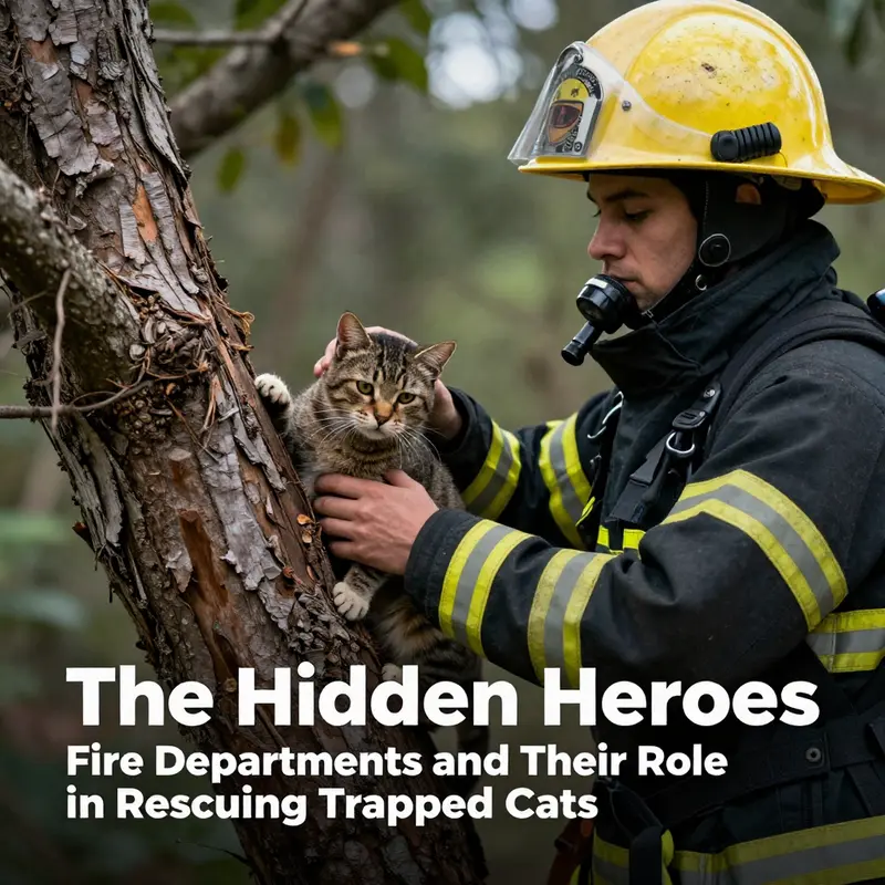A firefighter carefully removing a trapped cat from a tree, highlighting the compassion involved in animal rescues.