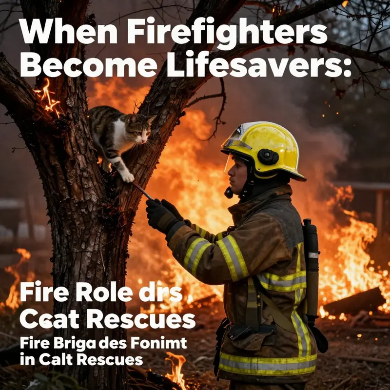 A firefighter rescuing a cat from a burning area during a wildfire.